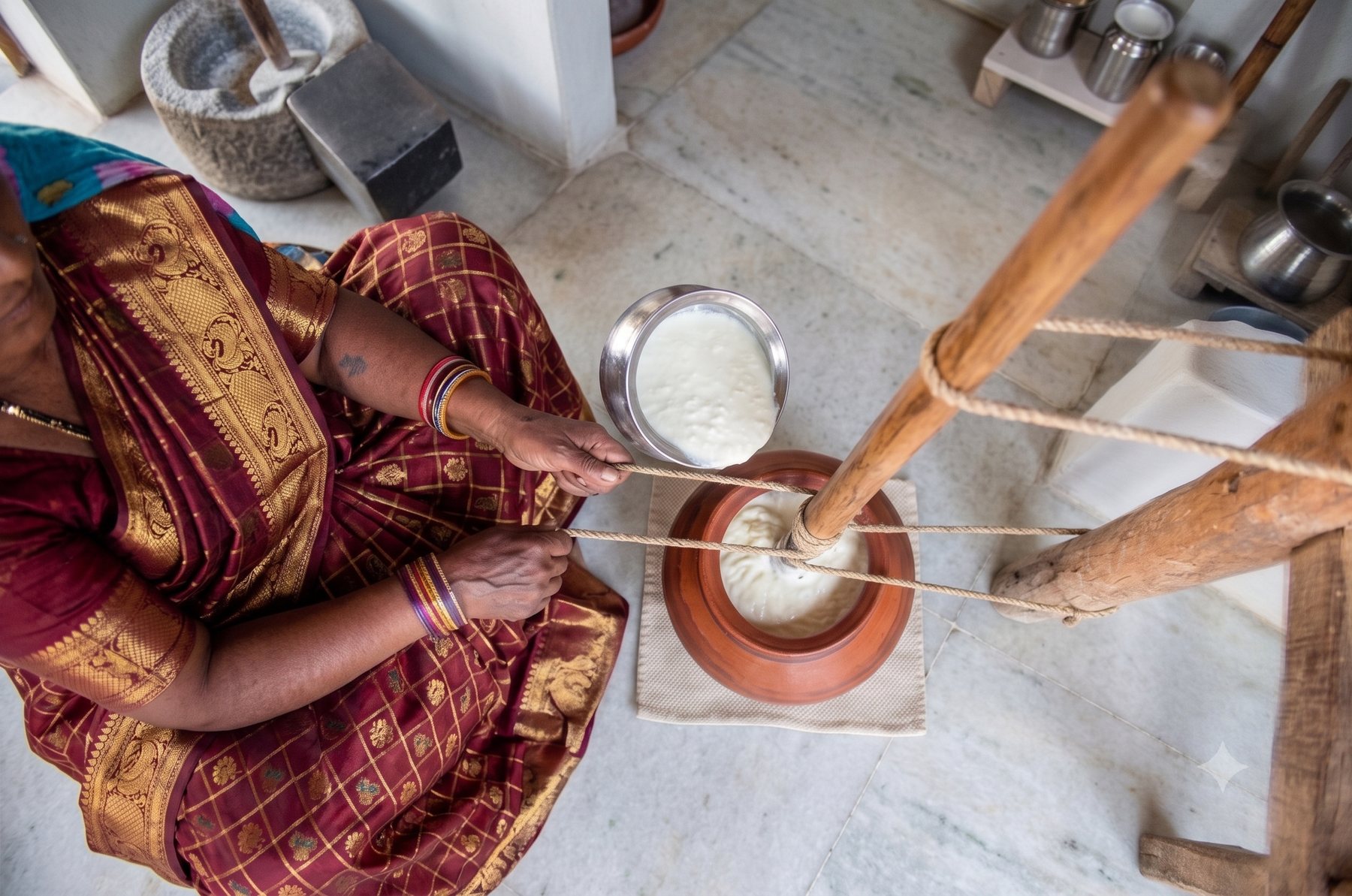 Traditional bilona churning by a slow wood fire